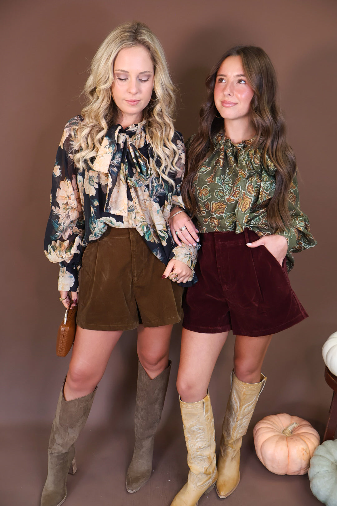 Olive Brushed Velvet Trouser Shorts — shown beside burgundy velvet shorts.