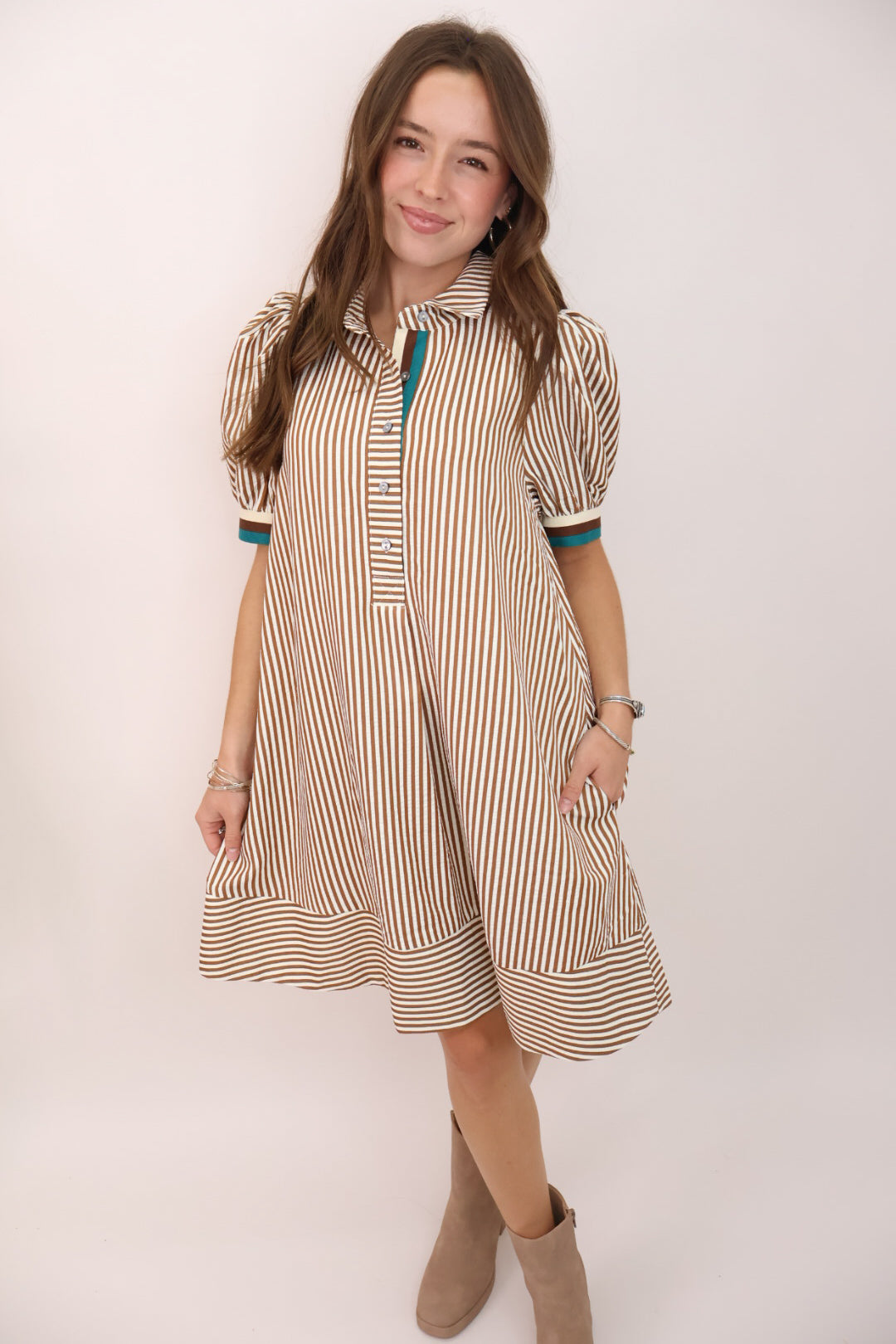 Brown & Cream Striped Puff Sleeve Dress