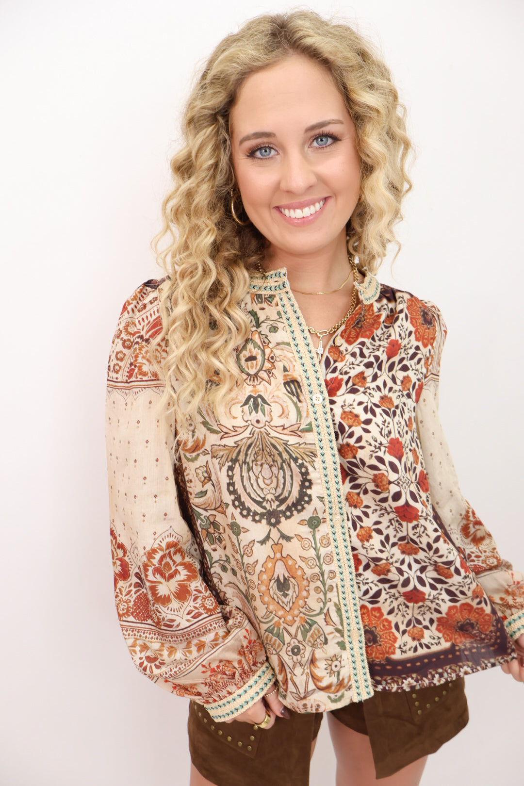 Boho Patchwork Button-Down Top