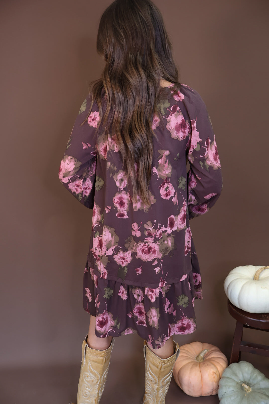 Brown Floral Tiered Babydoll Mini Dress — back view.