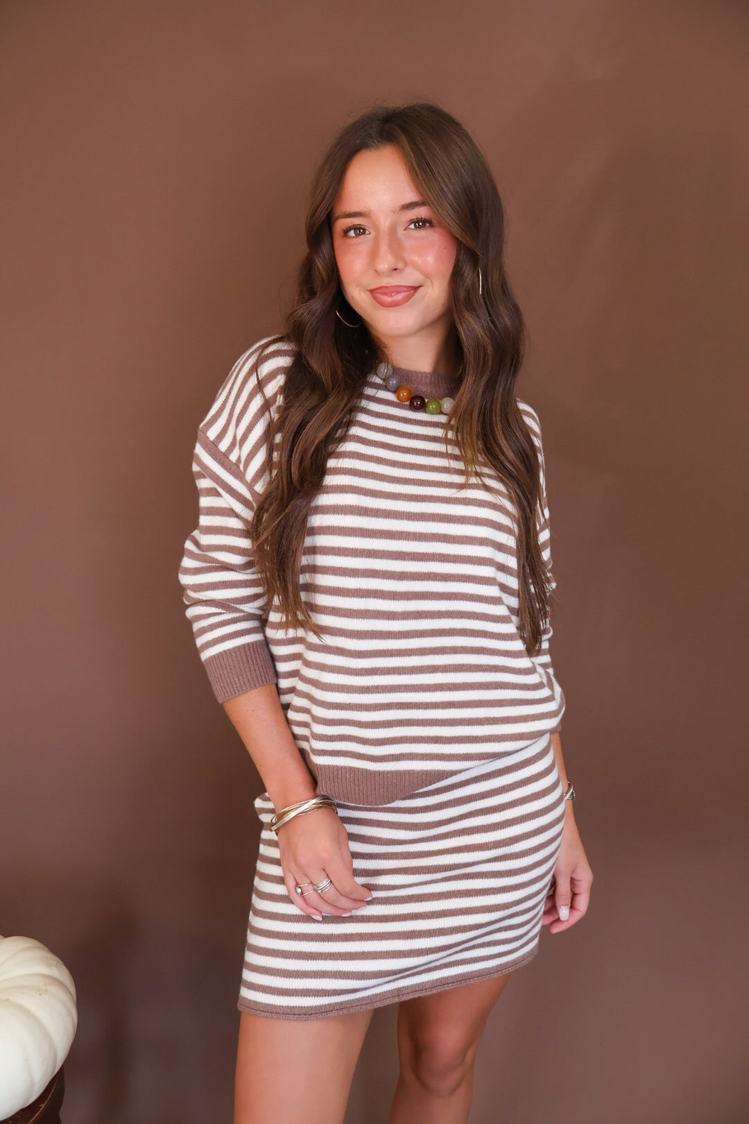 Hazelnut Striped Sweater And Mini Skirt Set — front view of matching sweater and skirt.