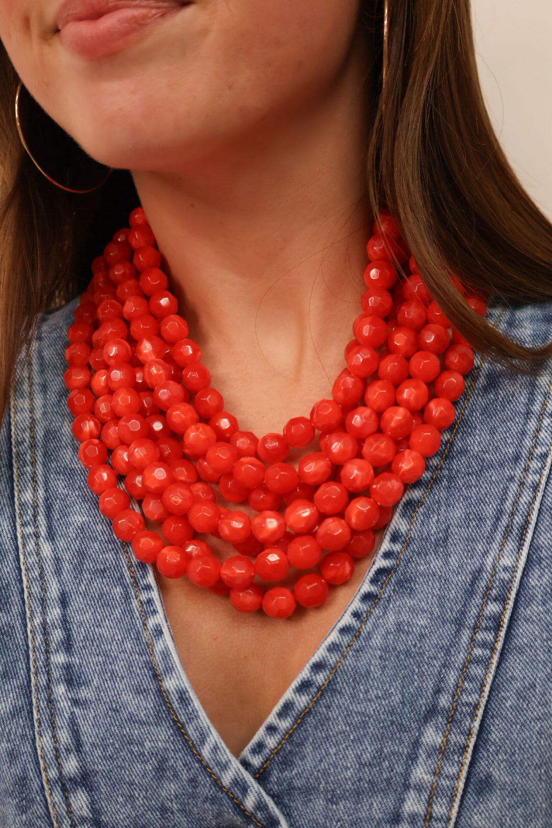 Chunky Layered Beaded Necklace - Bright Red