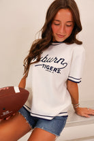 White Auburn Tigers script sweater top with navy ringer trim — view 4