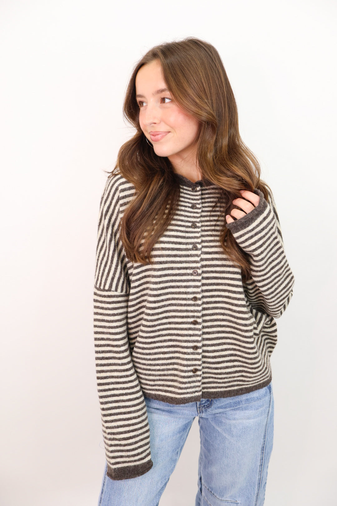 Striped Cardigan Sweater - Brown