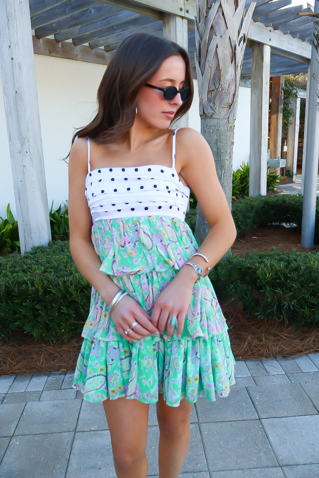 Mixed Print Polka Dot & Floral Tiered Mini Dress