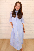 Blue & White Striped Button Front Midi Dress