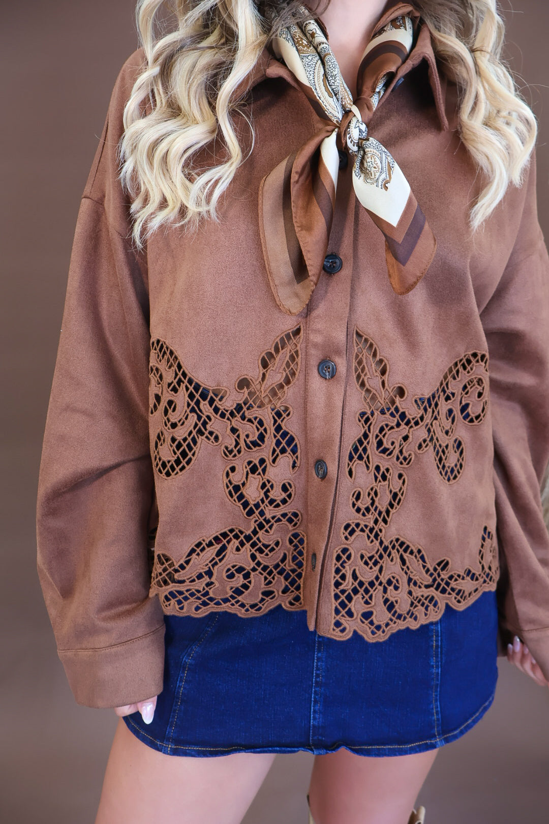 Chocolate faux suede shirt jacket with sheer cutout hem