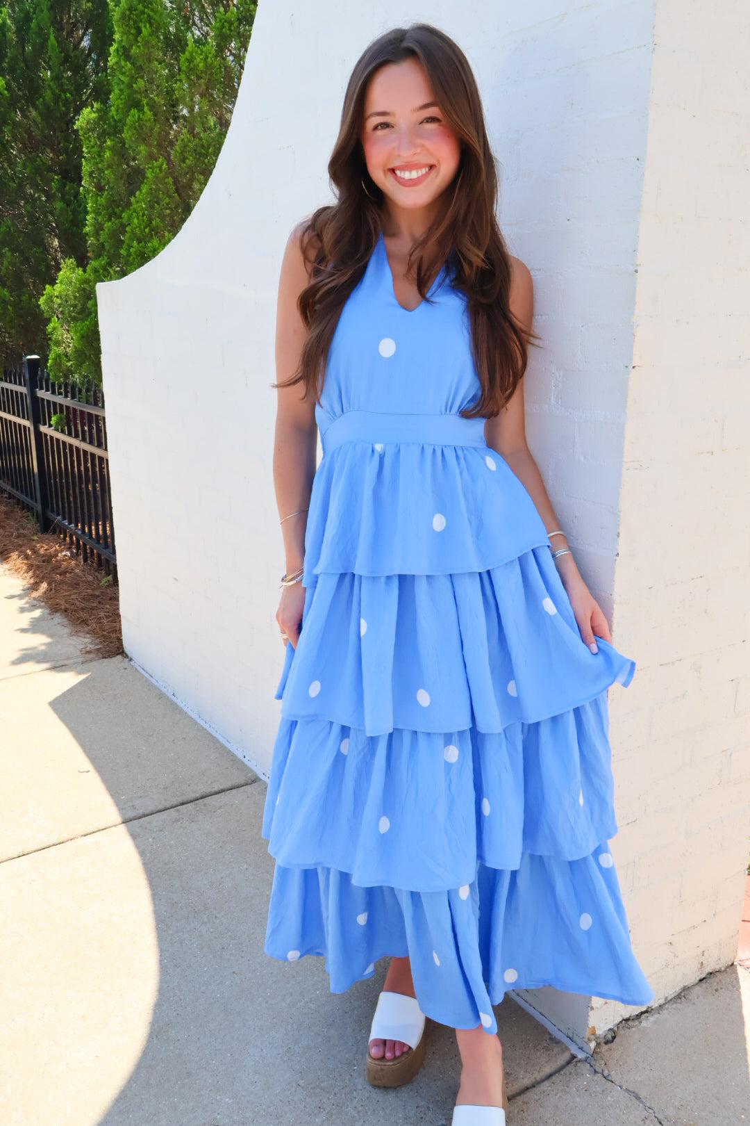 Blue Polka Dot Tiered Halter Midi Dress
