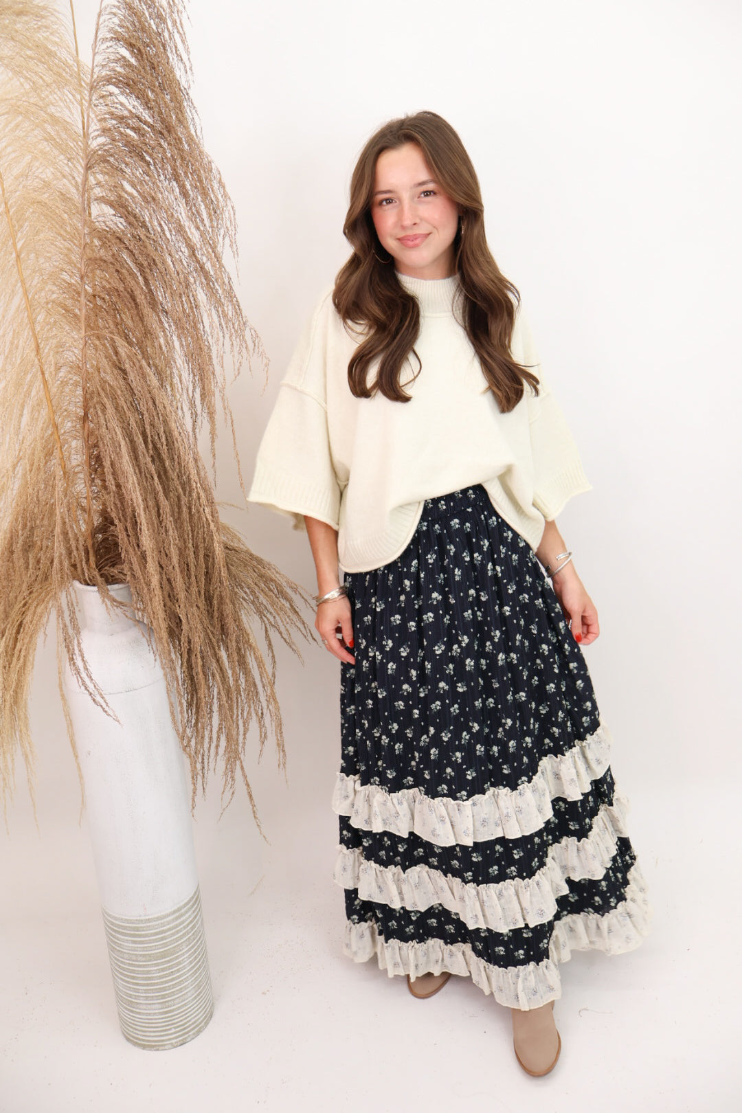Tiered Navy Floral Maxi Skirt