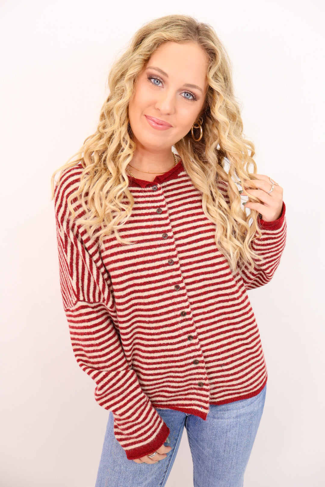 Striped Cardigan Sweater - Burgundy