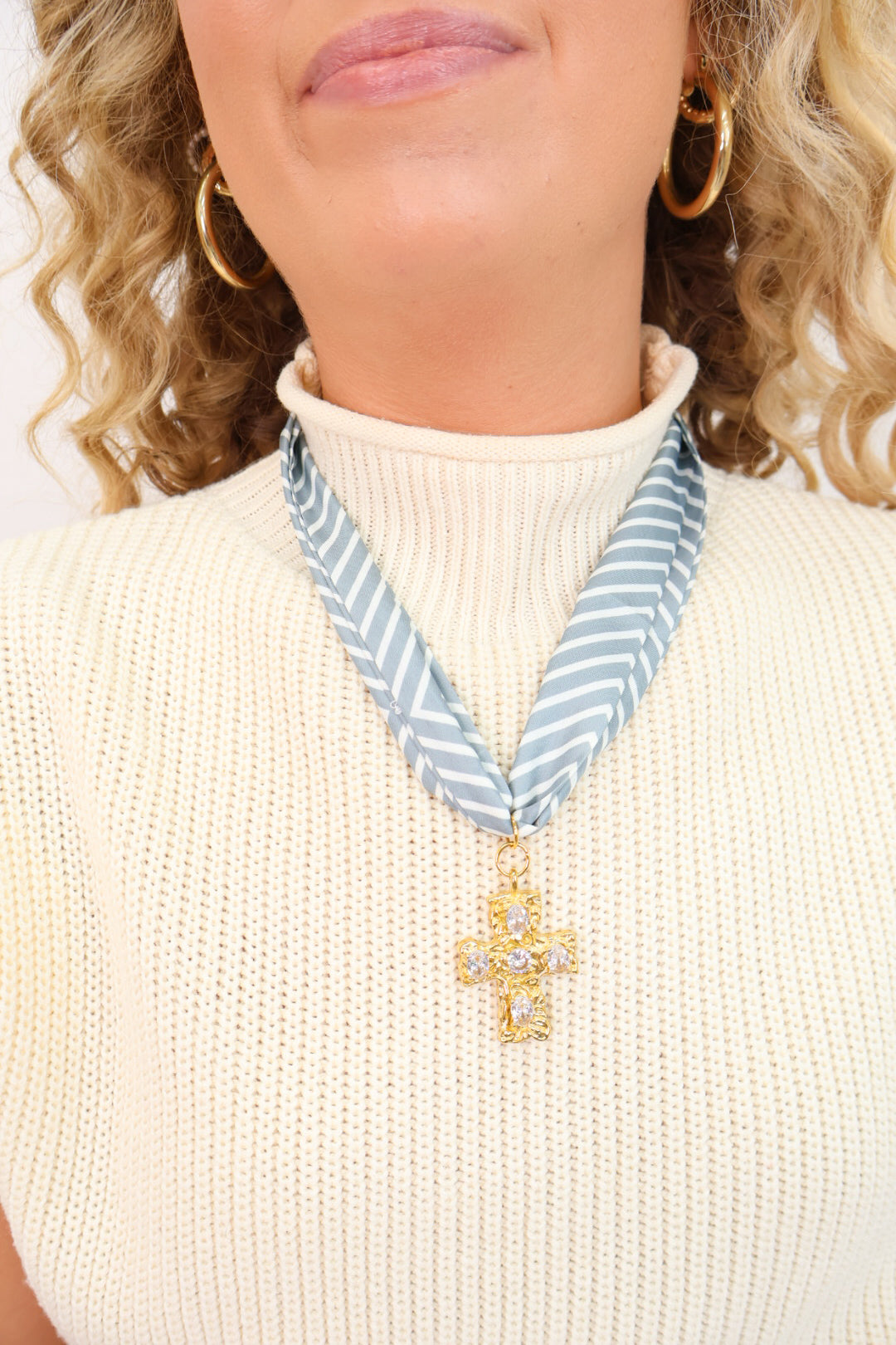 Gold Cross Striped Scarf Necklace