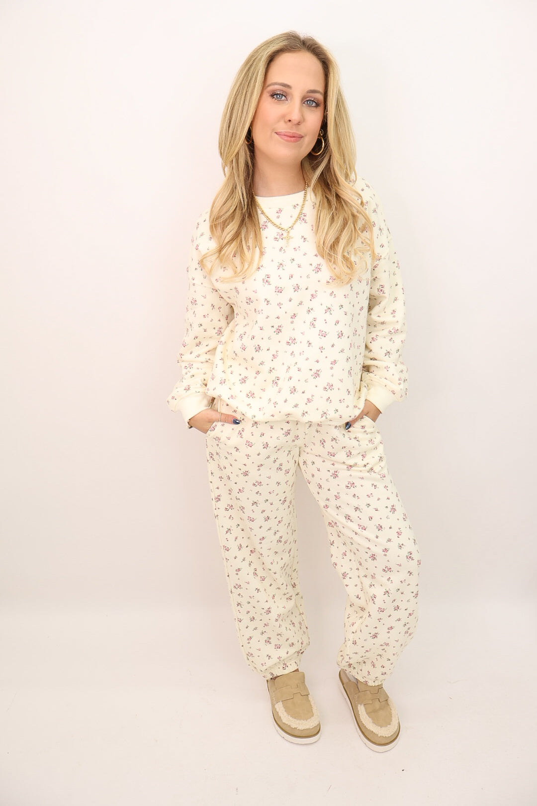 Cream Pink Floral Pullover and Jogger Set