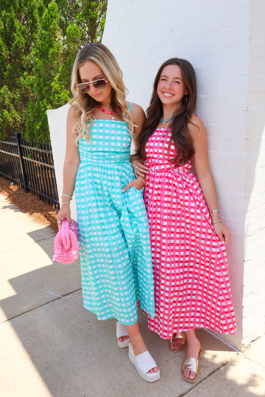 pink and blue midi dress Checkered Midi Dress