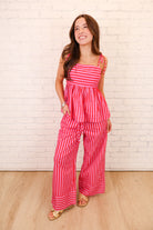 Striped Tie Shoulder Top + Pant Set - Red/Pink