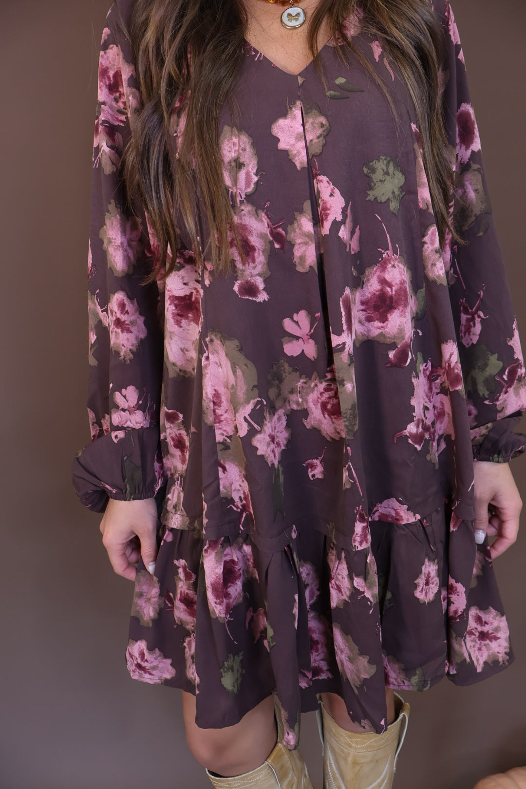 Brown Floral Tiered Babydoll Mini Dress — close-up of tiered skirt.
