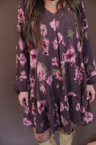 Brown Floral Tiered Babydoll Mini Dress — close-up of tiered skirt.