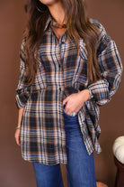 Plaid Button-Front Tunic Top — close-up of plaid and button front.