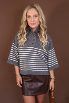 Gray Striped Henley Sweater — front view with striped body and button neckline.