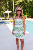 Green Geometric Print Mini Dress with Lace Trim