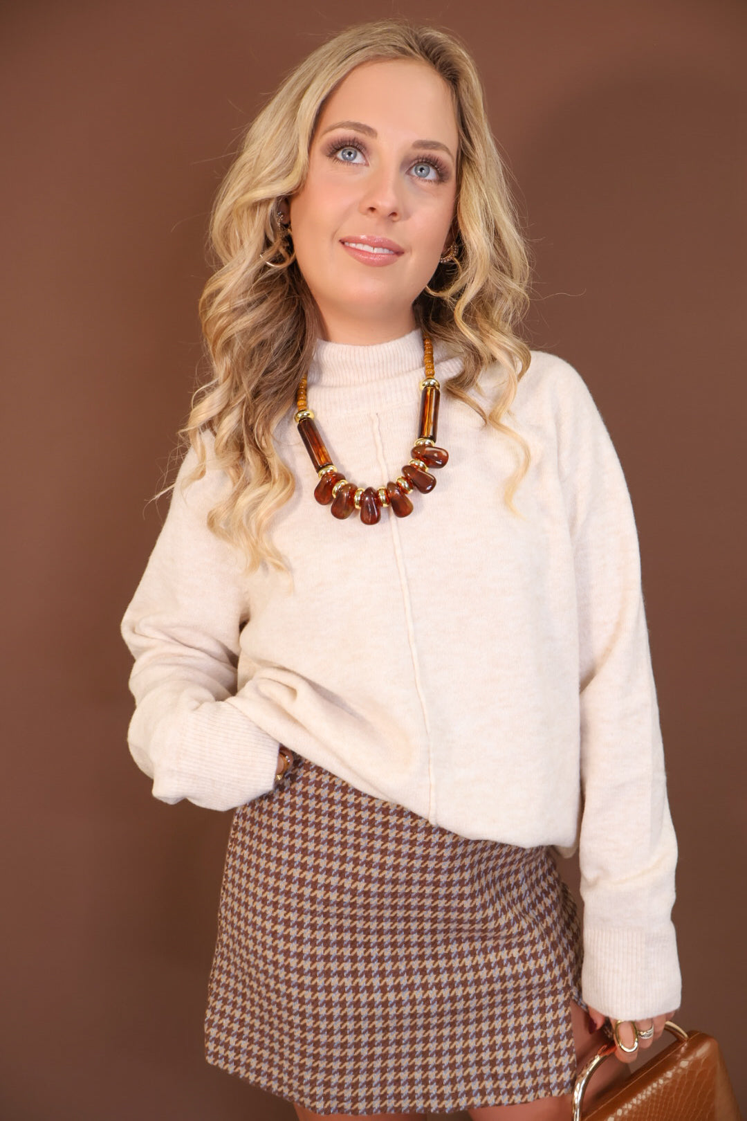 Oatmeal Mock Neck Tunic Sweater — front view.