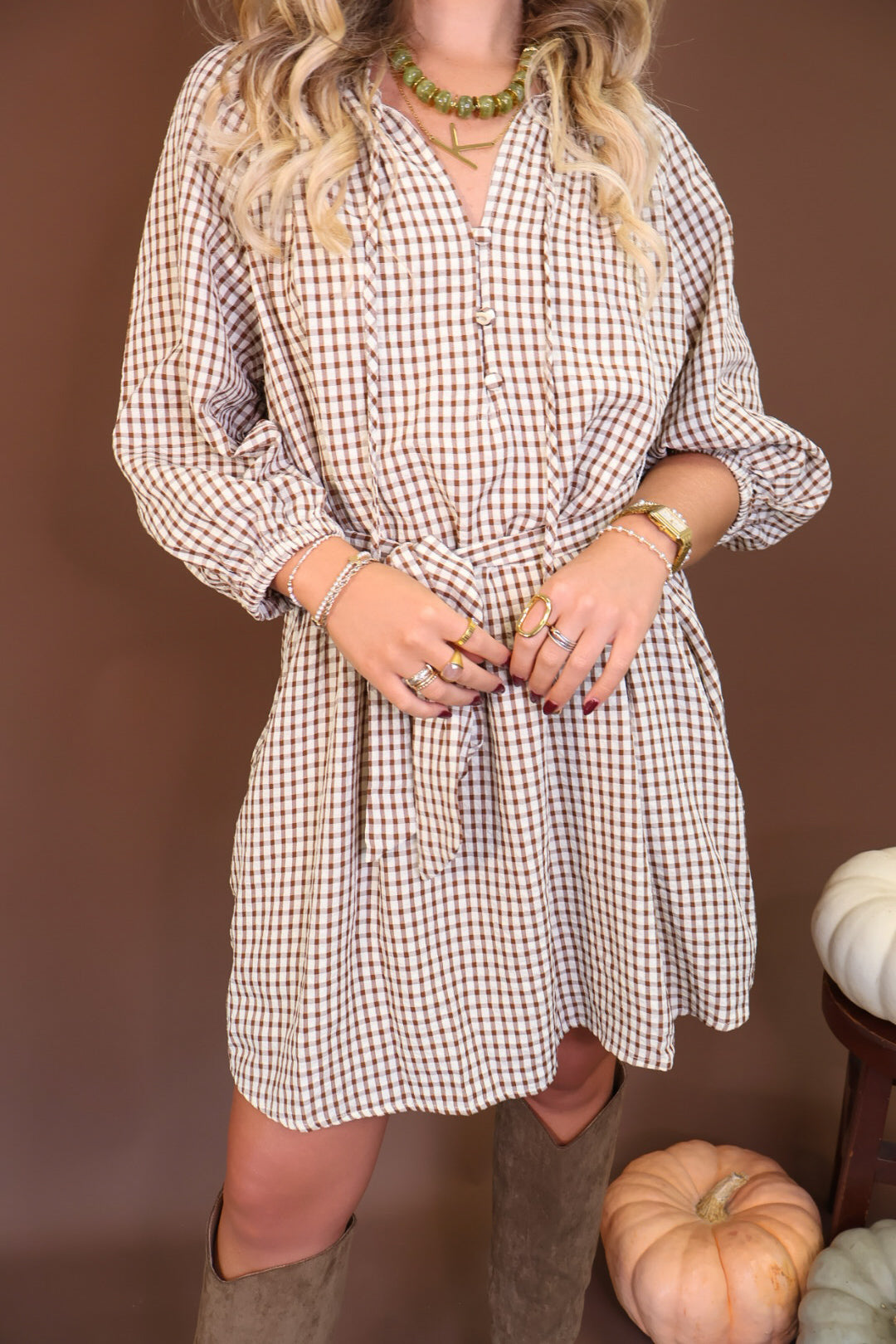 Brown Plaid Tie-Waist Shirt Dress — front view.