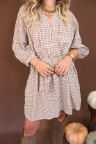 Brown Plaid Tie-Waist Shirt Dress — front view.