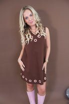 Brown Shift Dress with Pink Grommets