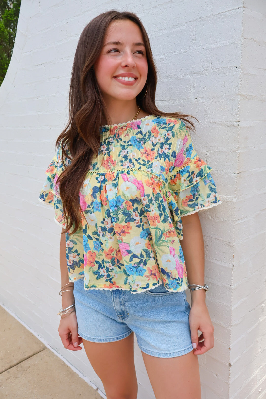Yellow Garden Floral Ruffle Sleeve Top