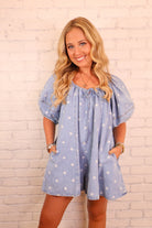 Denim Polka Dot Puff Sleeve Romper