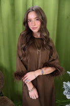 Brown Feather Trim Satin Midi Dress – close-up of feather cuffs.