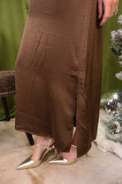 Brown Feather Trim Satin Midi Dress – close-up of side slit.