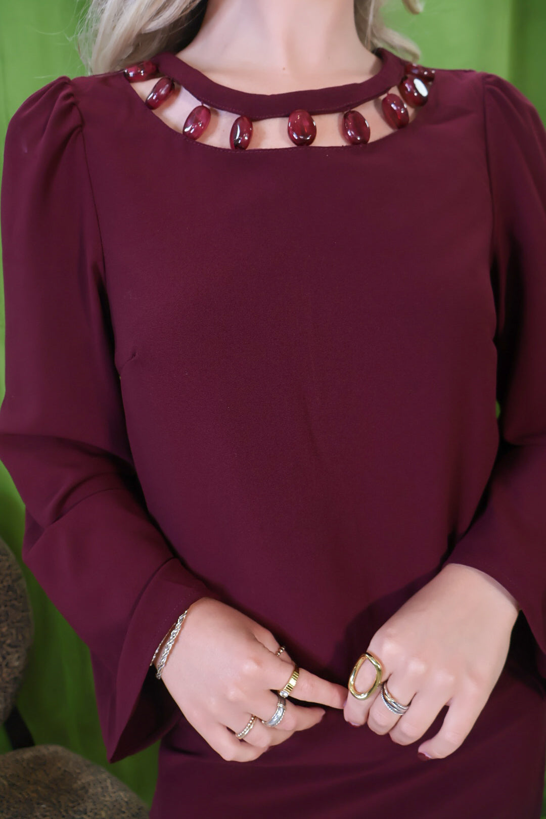 Burgundy Beaded Trim Top And Mini Skirt Set – close-up of beaded neckline.