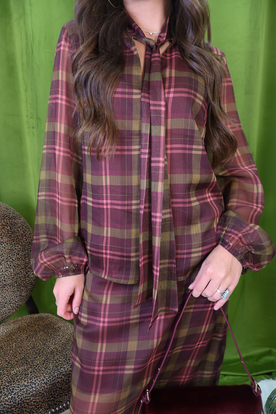 Plaid Tie-Neck Top And Midi Skirt Set – close-up of neck tie and plaid bodice.
