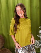 Chartreuse Pearl Embellished Sweater – front view.