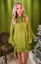 Chartreuse Tie-Neck Wide Sleeve Mini Dress – front view with heels.