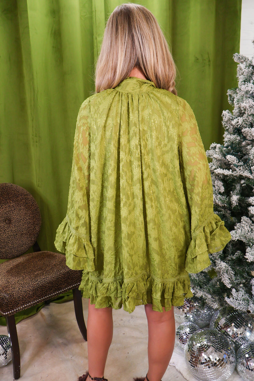 Chartreuse Tie-Neck Wide Sleeve Mini Dress – back view.