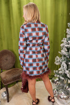 Blue And Burgundy Plaid Feather Trim Mini Dress – back view.