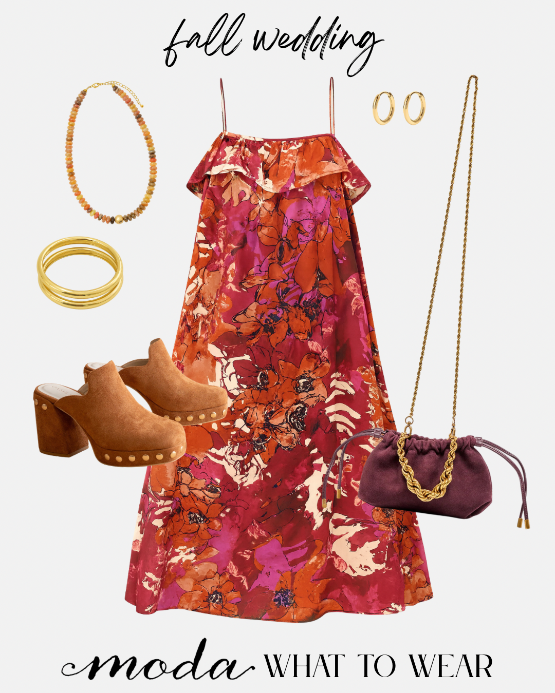 Fall wedding outfit with floral dress, shoes, handbag, and jewelry on a white background.