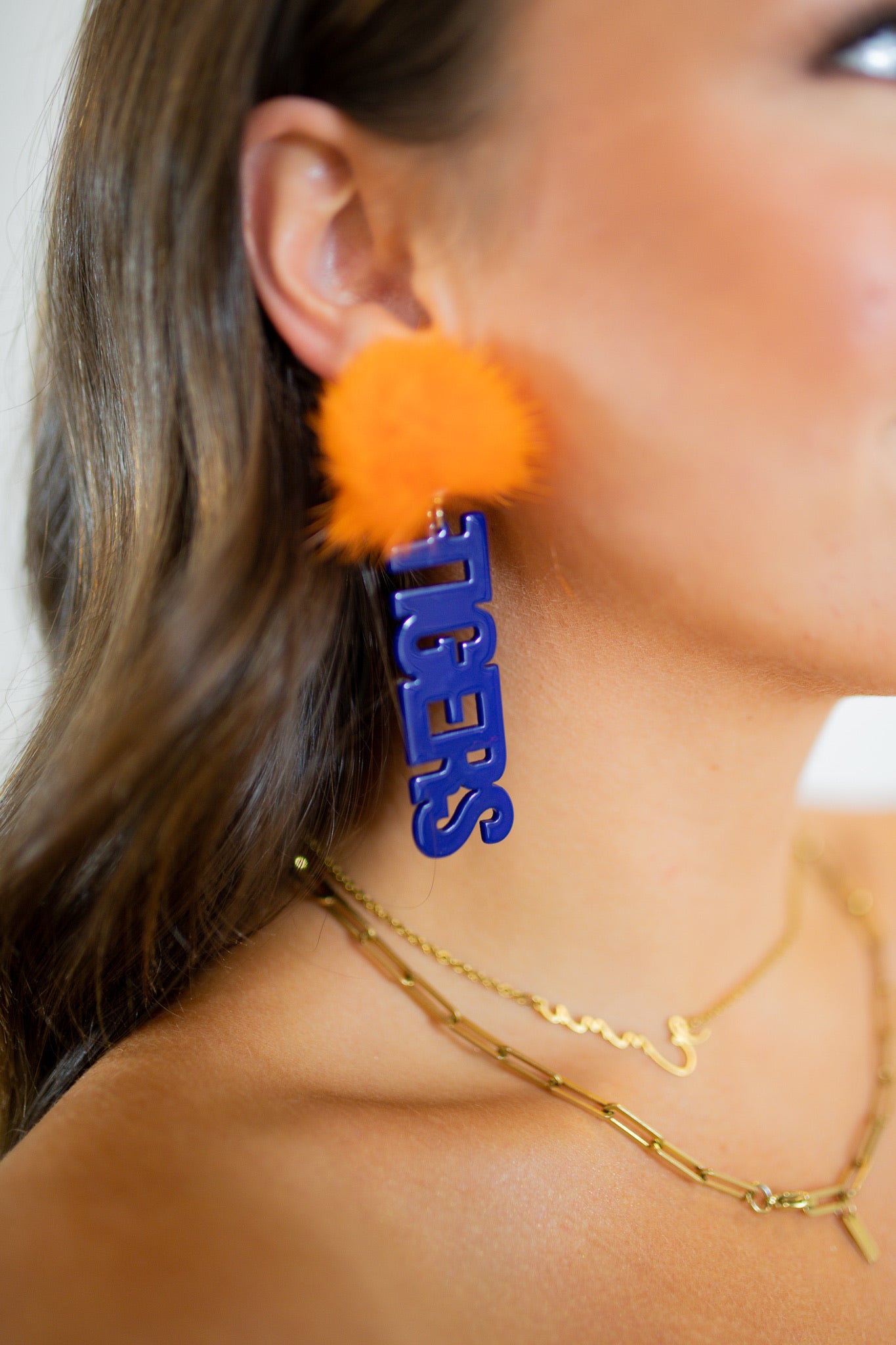 Tigers Pom Pom Earrings - Orange and Blue