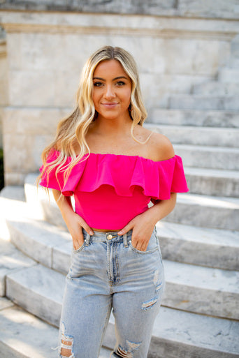 Off Shoulder Ruffle Top - Hot Pink – Moda Boutique